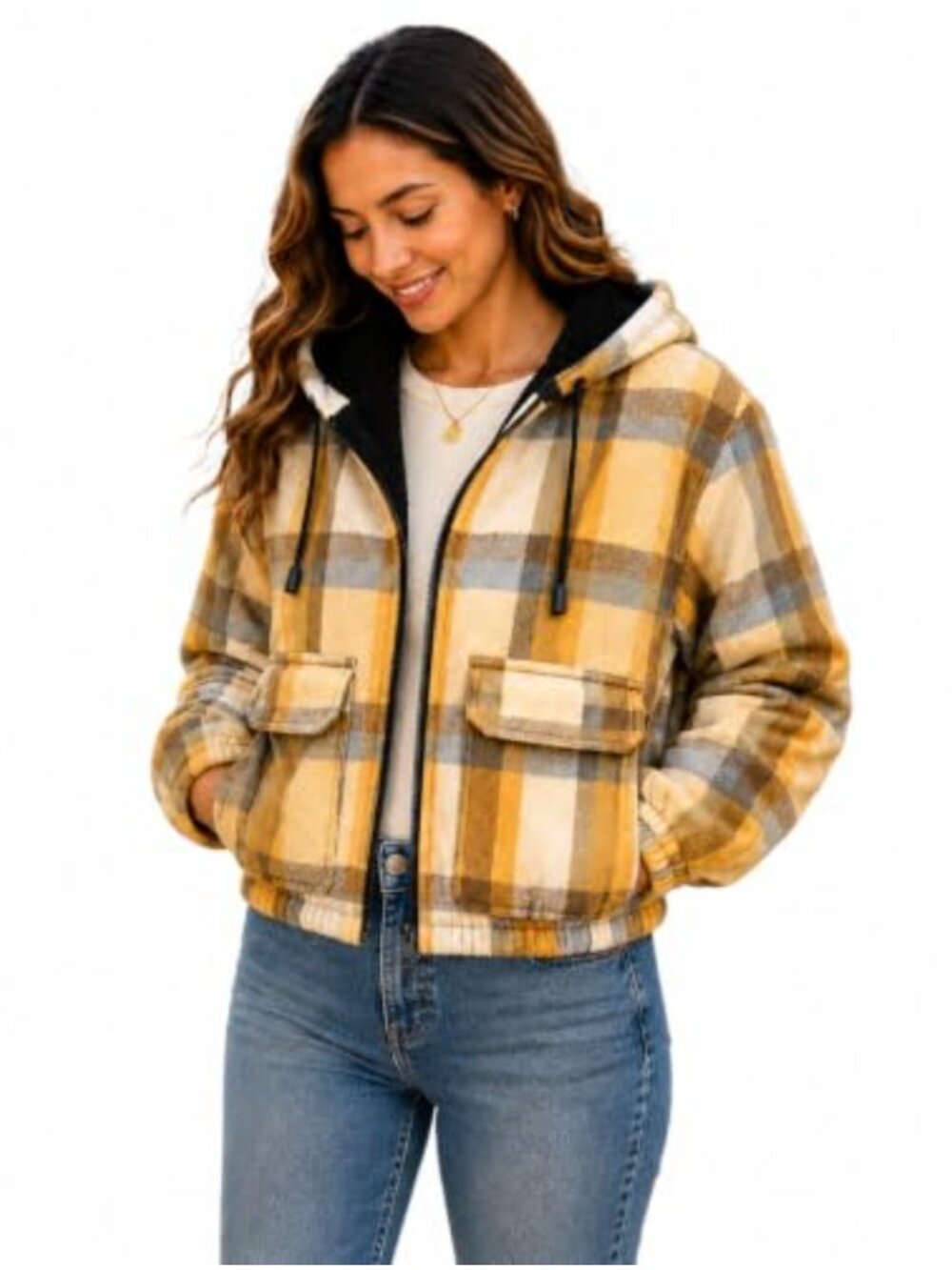 Cropped Plaid Sherpa Lined Hoodie Full Zip Hooded Sweatshirt